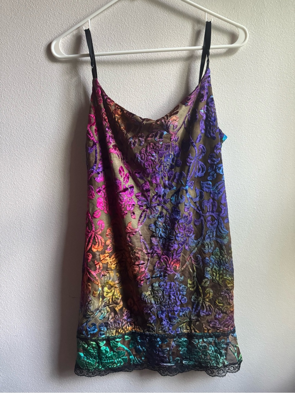 Vintage Tiff Tiff Floral Rainbow Velvet Mini Dress with Lace Trim 🌈